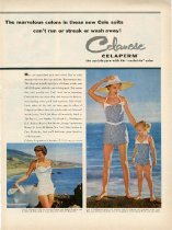 "The marvelous colors in these new Cole suits/ Can't run or streak or wash away!/ the acetate yarn with the "sealed-in" color/Celanese Celaperm"